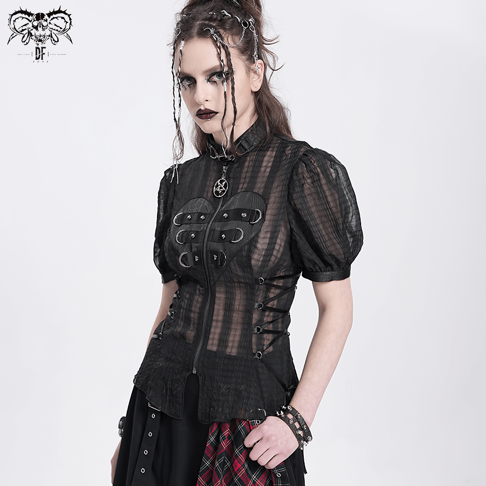 Gothic Sheer Black Lace-up Blouse with Heart Buckle Front