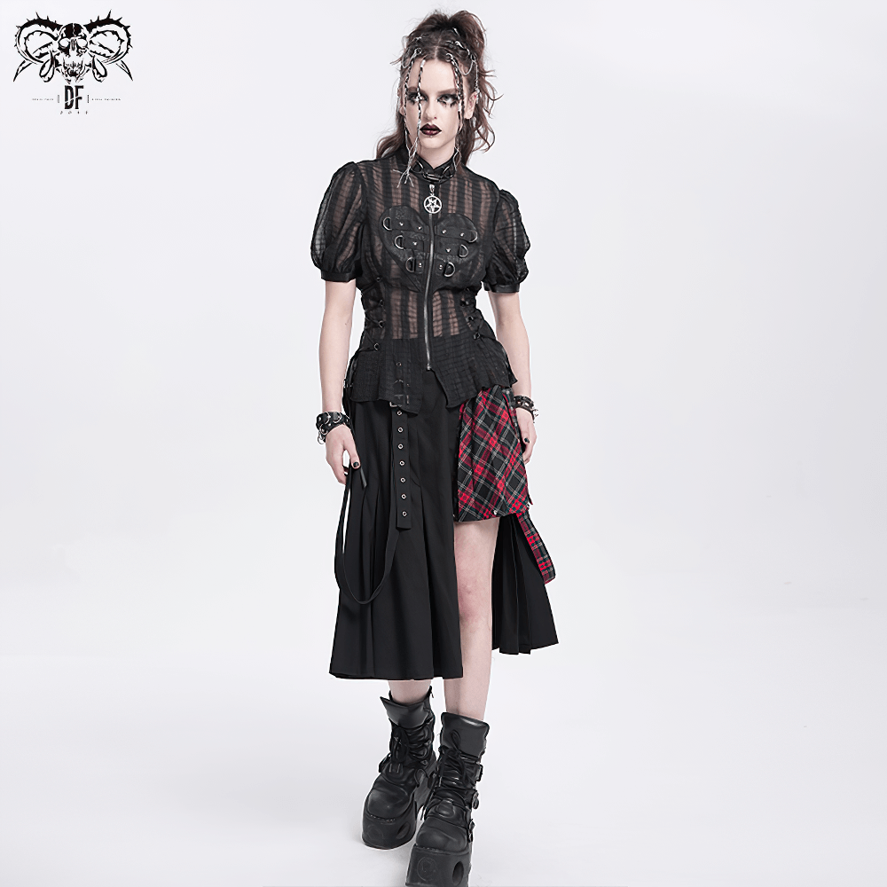 Gothic Sheer Black Lace-up Blouse with Heart Buckle Front