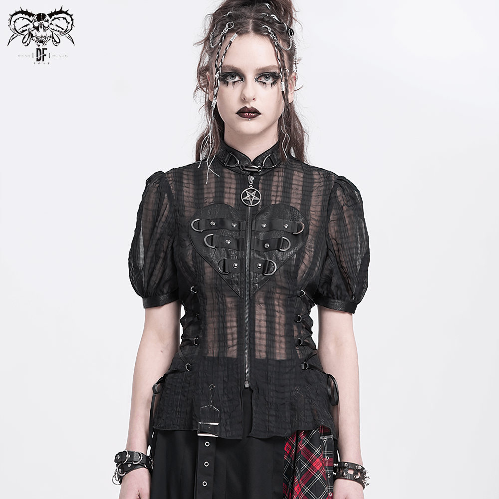 Gothic Sheer Black Lace-up Blouse with Heart Buckle Front