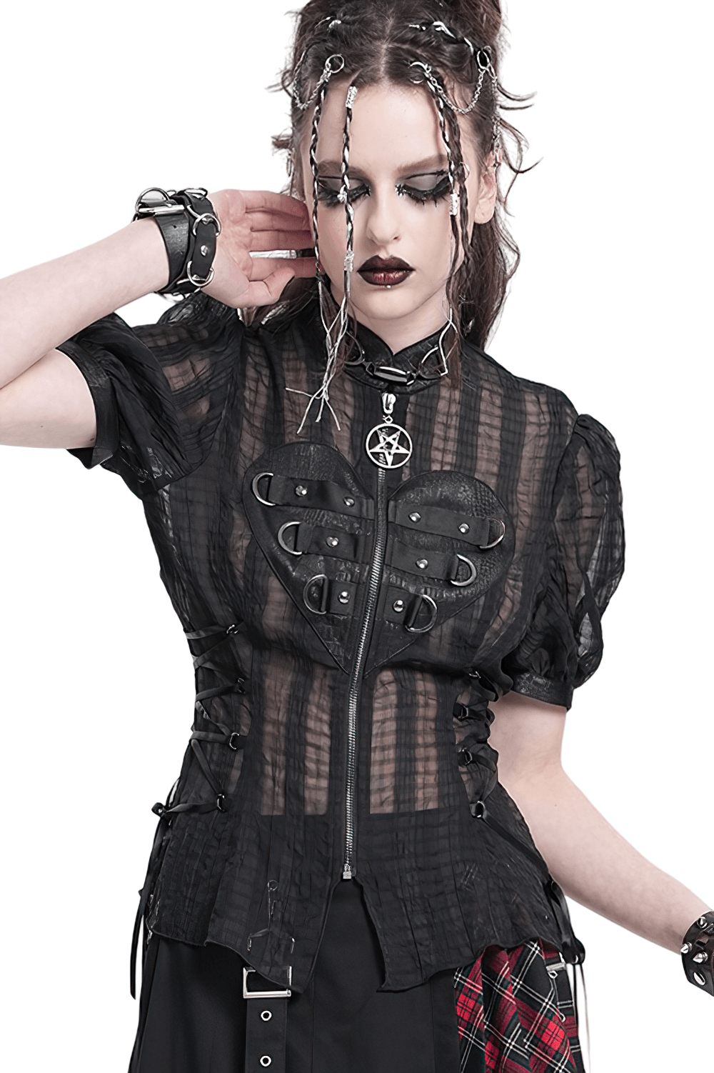 Gothic Sheer Black Lace-up Blouse with Heart Buckle Front