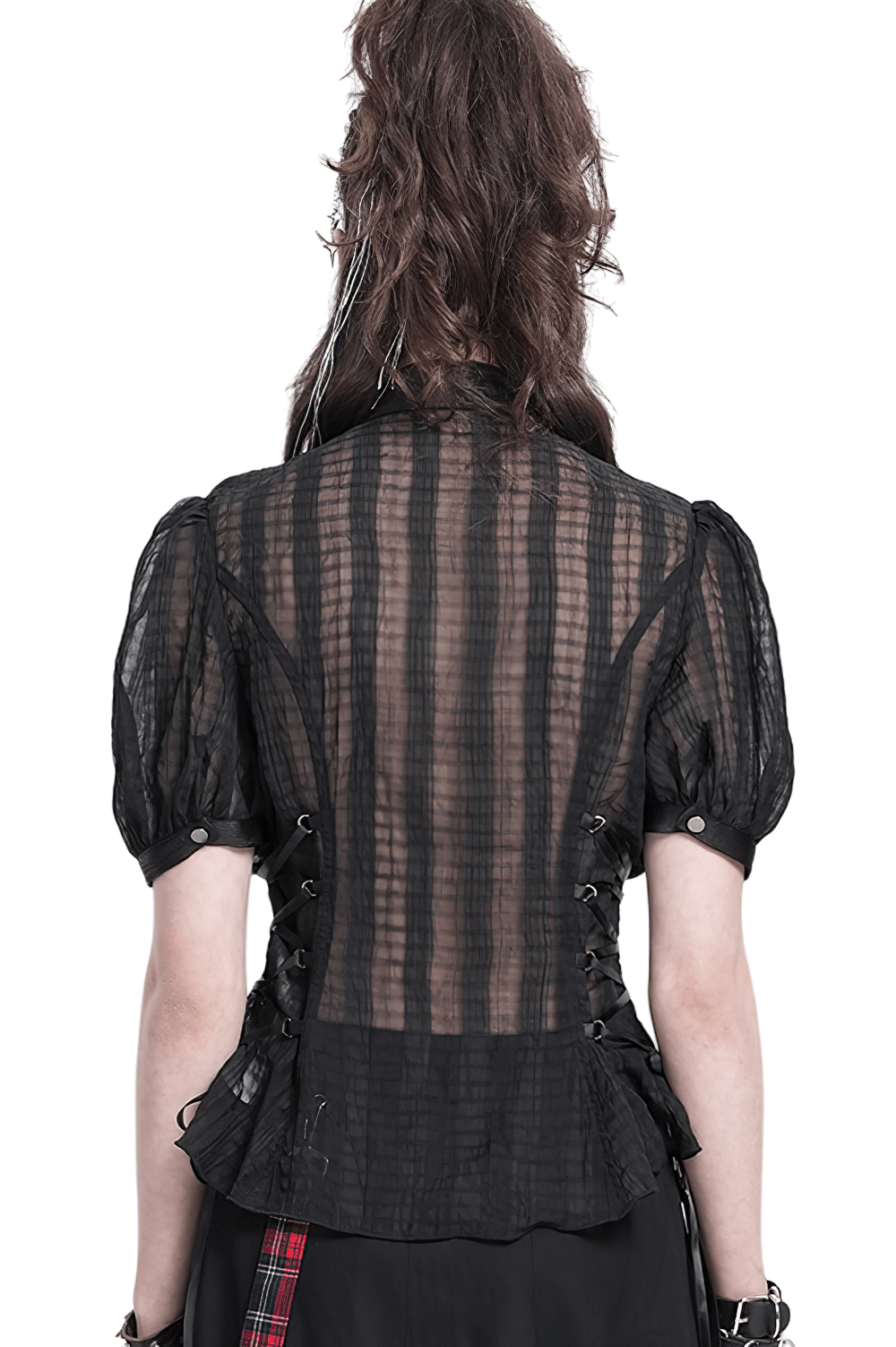 Gothic Sheer Black Lace-up Blouse with Heart Buckle Front