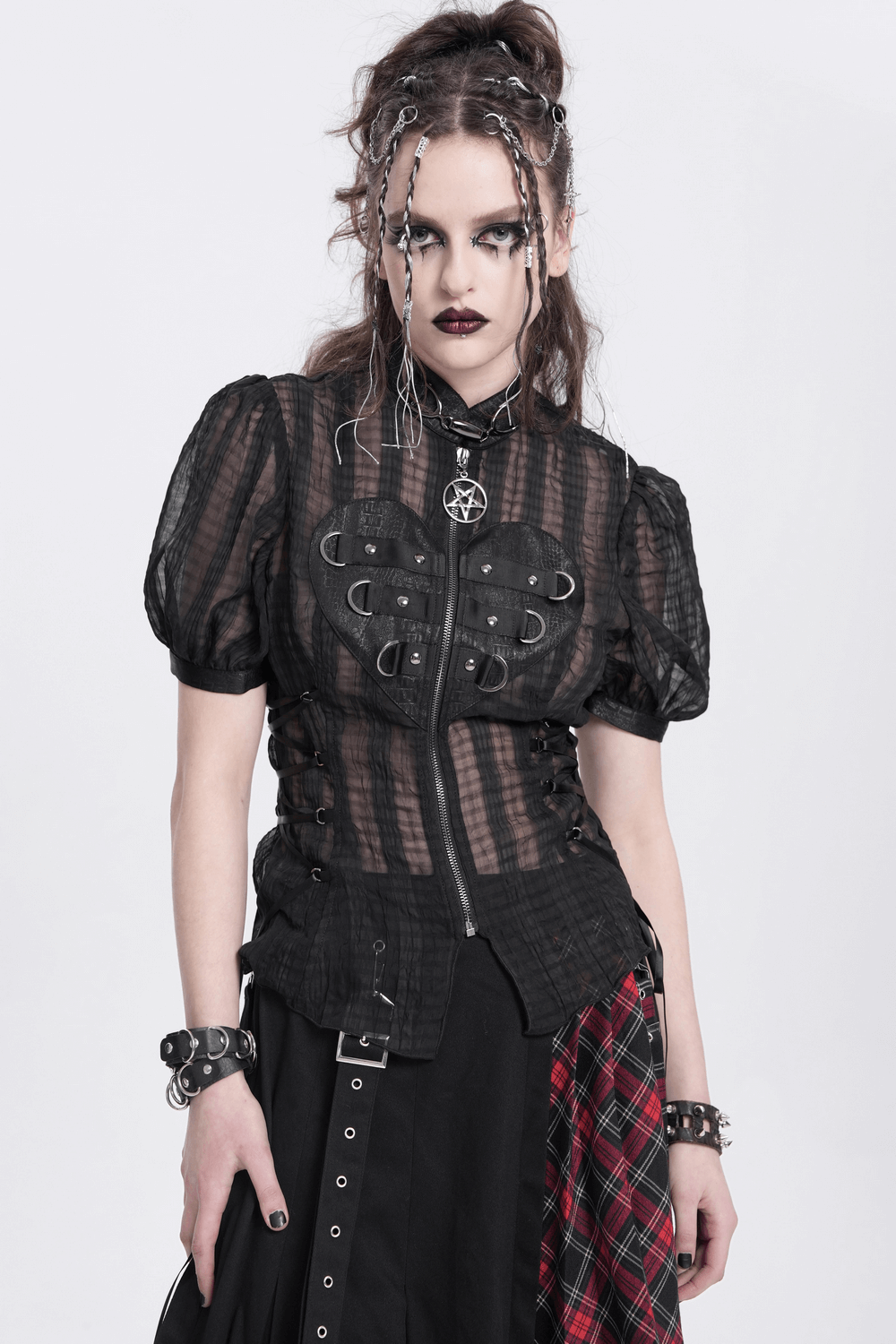 Gothic Sheer Black Lace-up Blouse with Heart Buckle Front