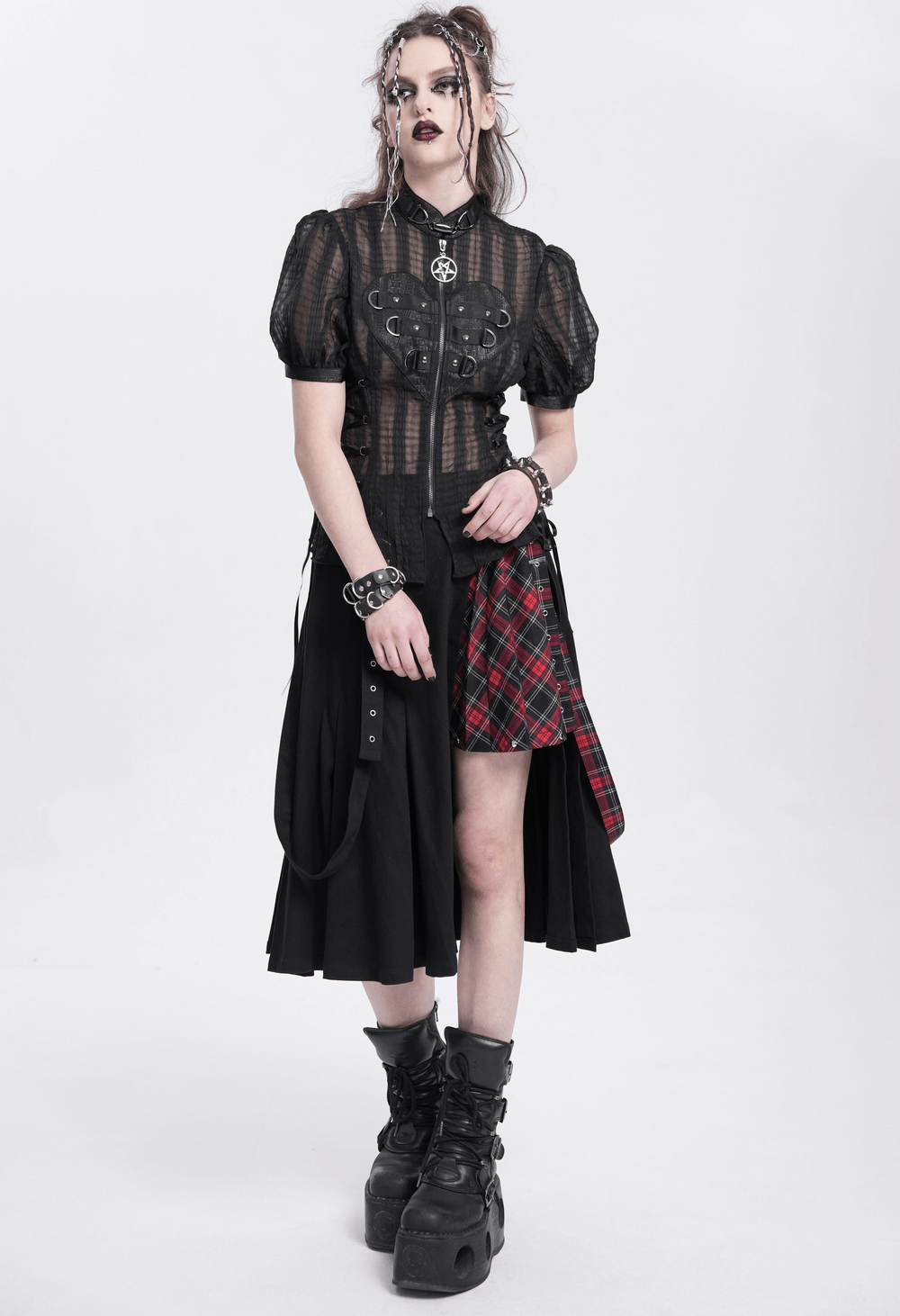 Gothic Sheer Black Lace-up Blouse with Heart Buckle Front