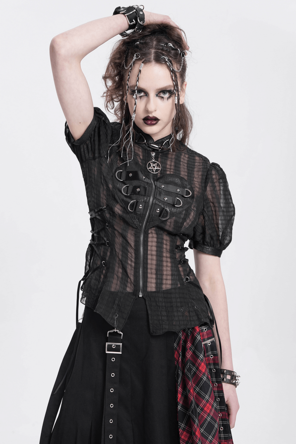 Gothic Sheer Black Lace-up Blouse with Heart Buckle Front