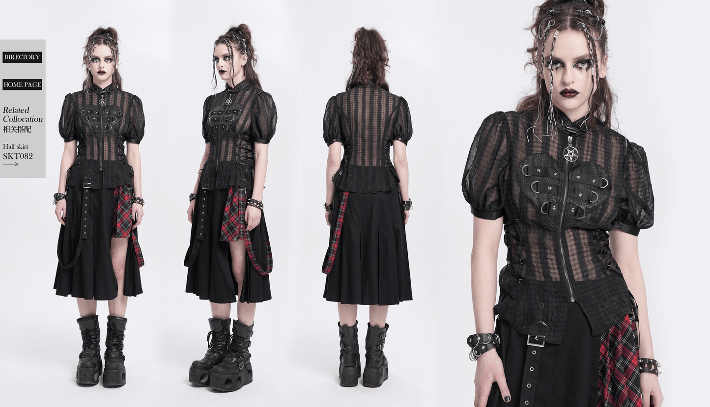 Gothic Sheer Black Lace-up Blouse with Heart Buckle Front