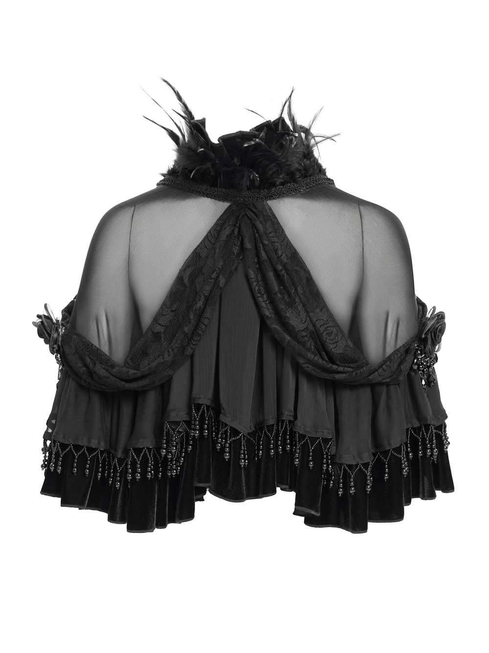 Gothic Sheer Mesh Shrug with Ruffles and Feather Trim