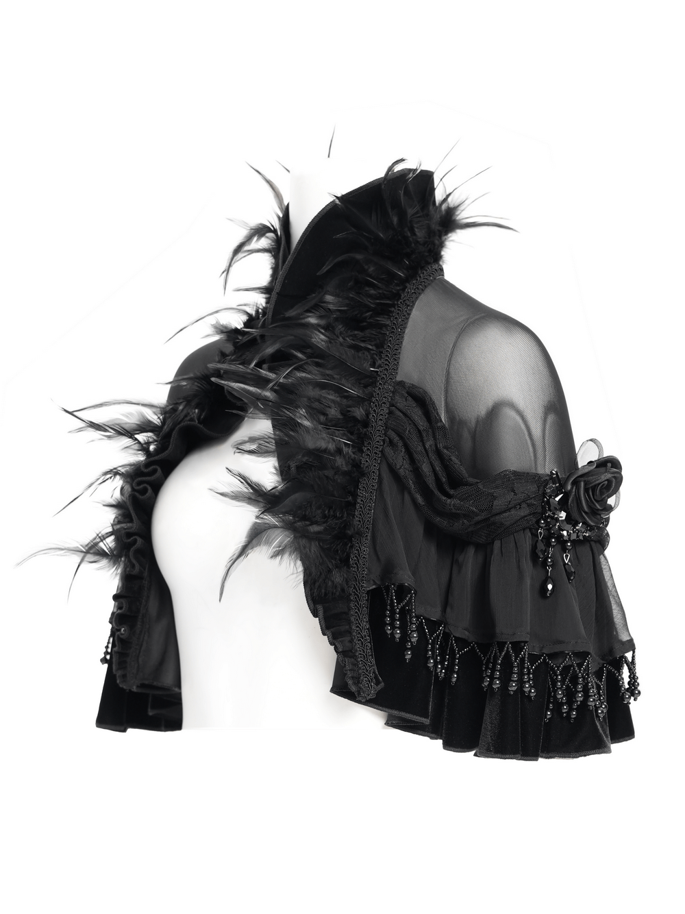 Gothic Sheer Mesh Shrug with Ruffles and Feather Trim