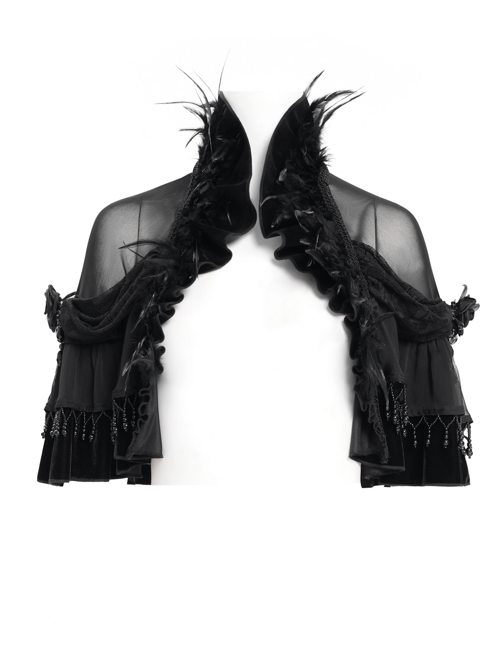 Gothic Sheer Mesh Shrug with Ruffles and Feather Trim
