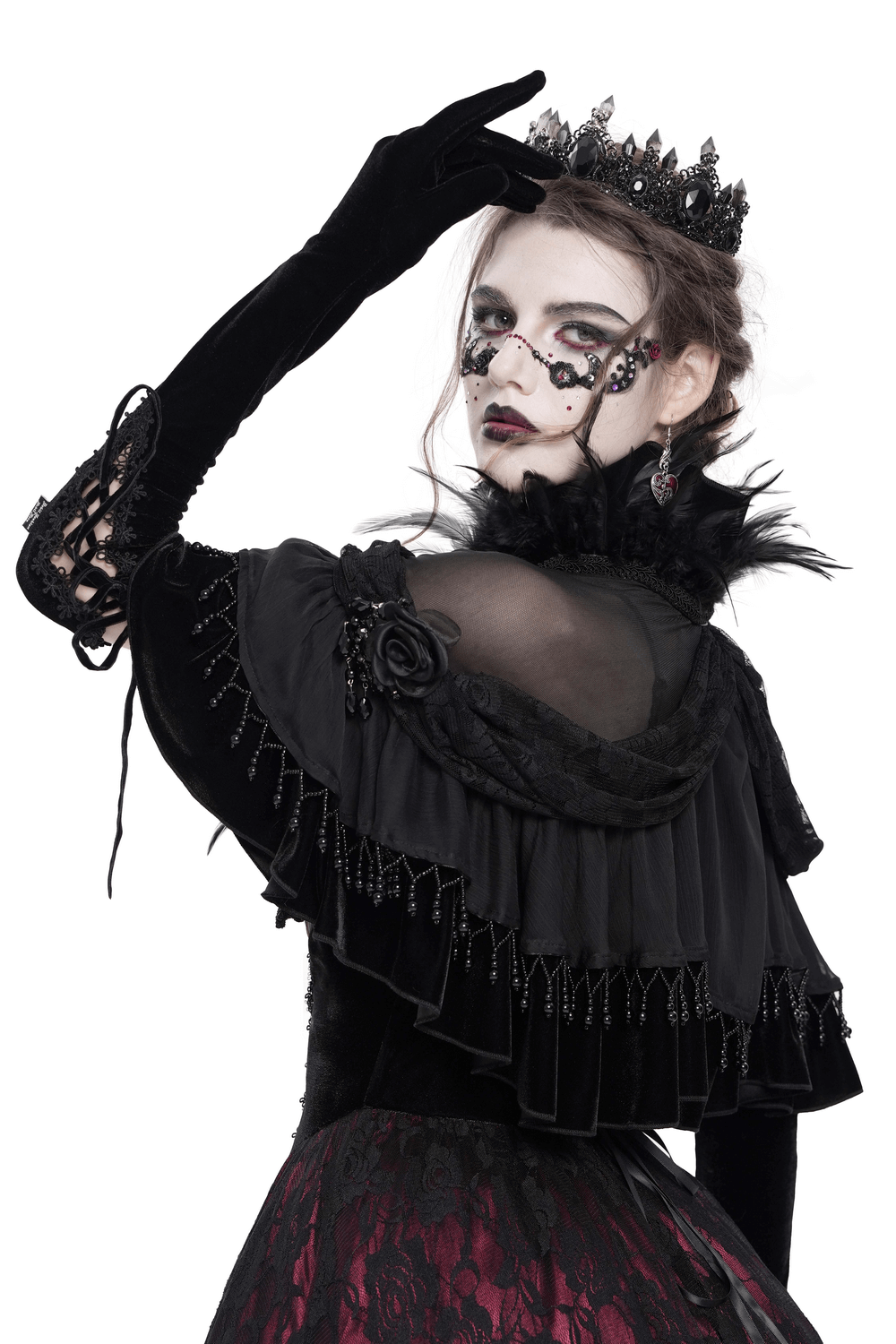 Gothic Sheer Mesh Shrug with Ruffles and Feather Trim