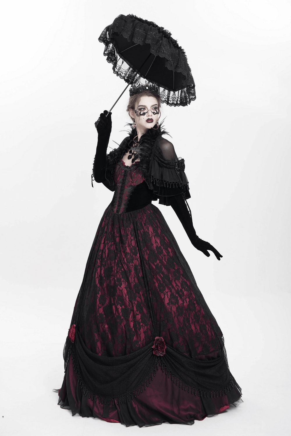 Gothic Sheer Mesh Shrug with Ruffles and Feather Trim