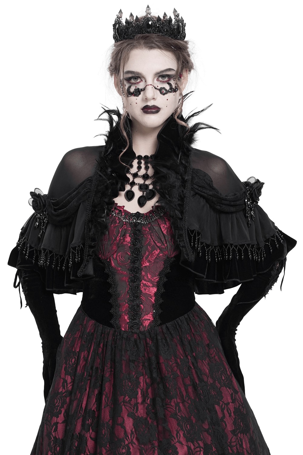 Gothic Sheer Mesh Shrug with Ruffles and Feather Trim