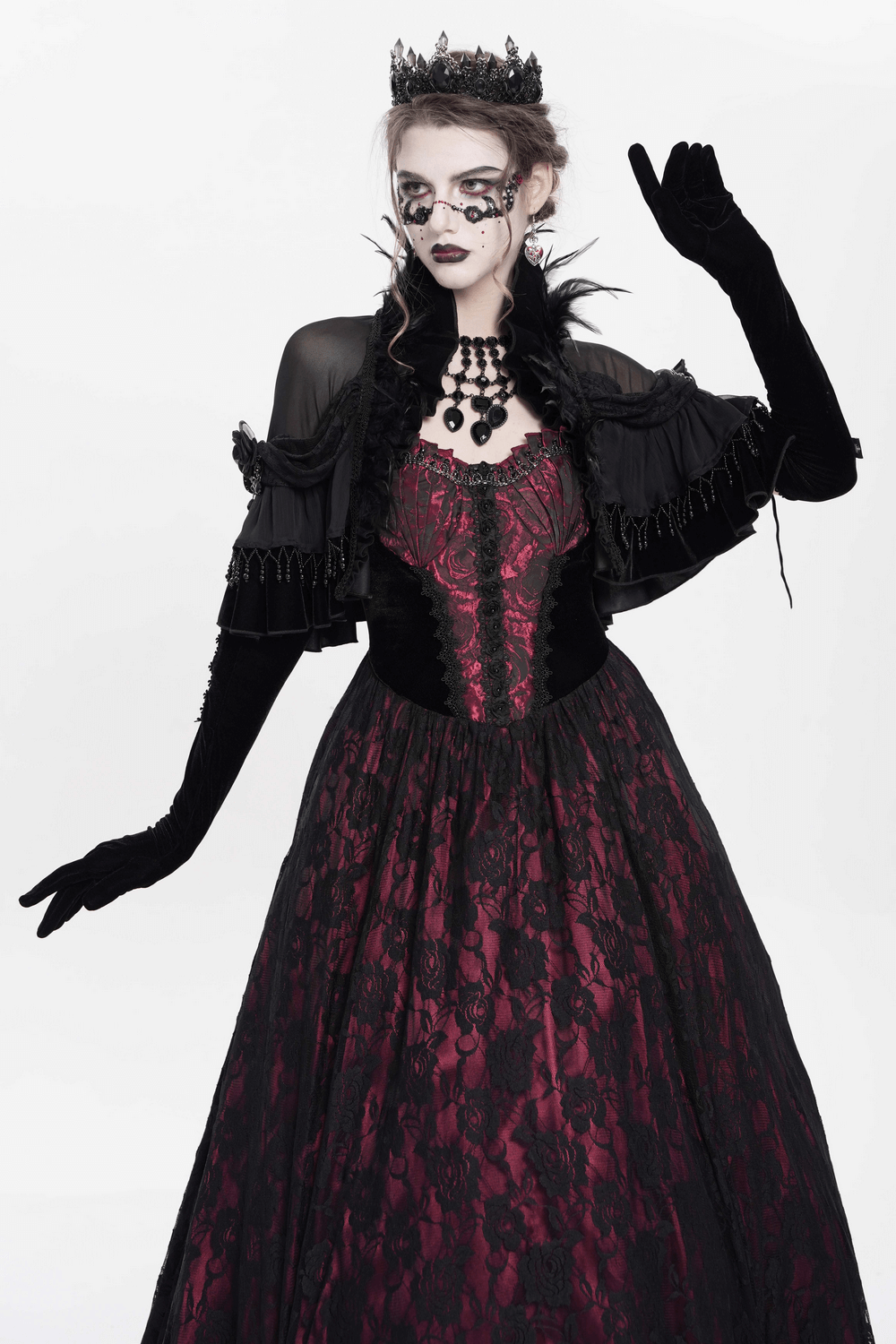 Gothic Sheer Mesh Shrug with Ruffles and Feather Trim
