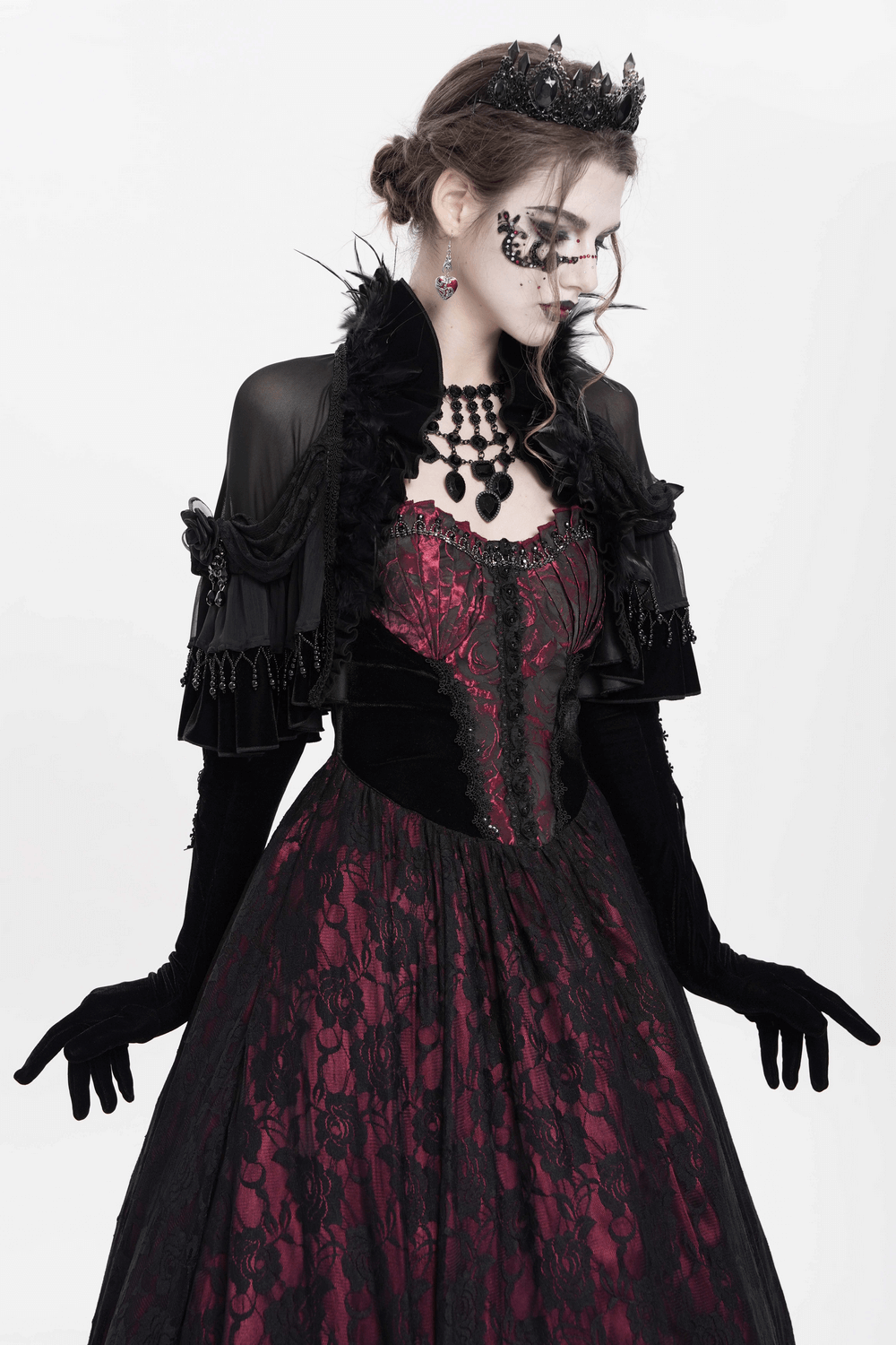 Gothic Sheer Mesh Shrug with Ruffles and Feather Trim