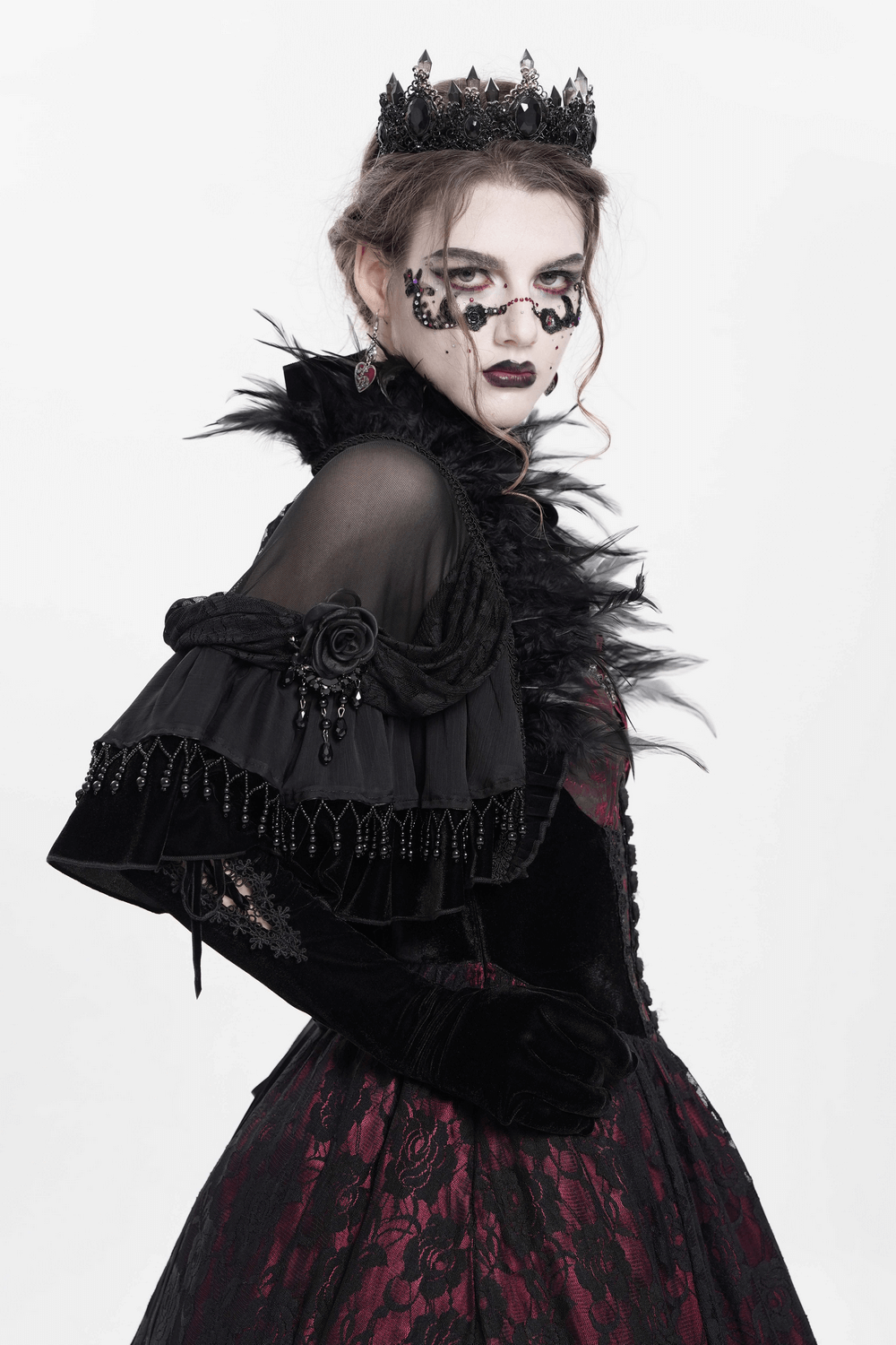 Gothic Sheer Mesh Shrug with Ruffles and Feather Trim