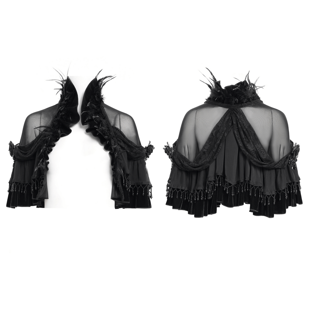 Gothic Sheer Mesh Shrug with Ruffles and Feather Trim