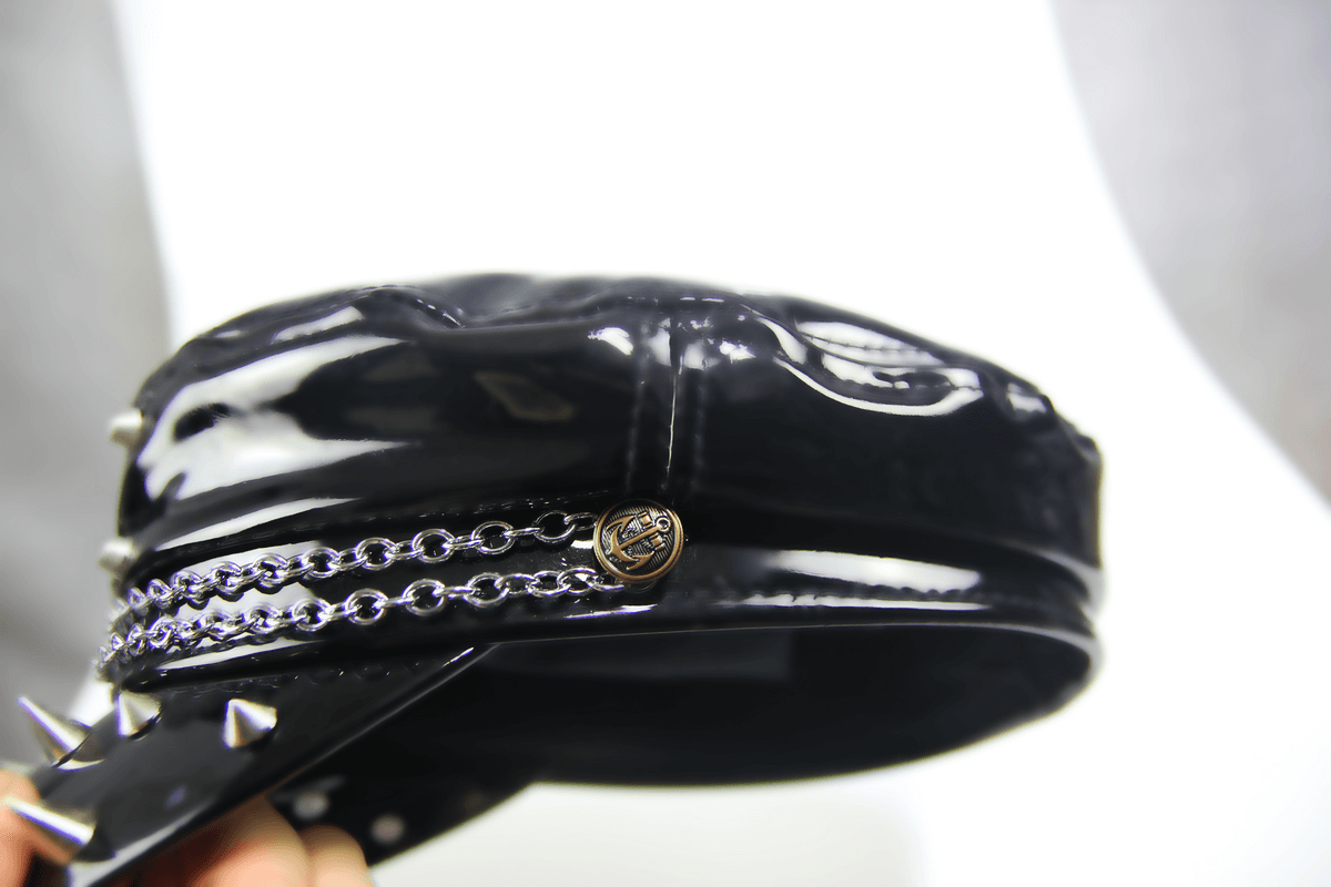 Gothic Shiny Vinyl Military Cap with Spikes / Women's Black Hat with Chain