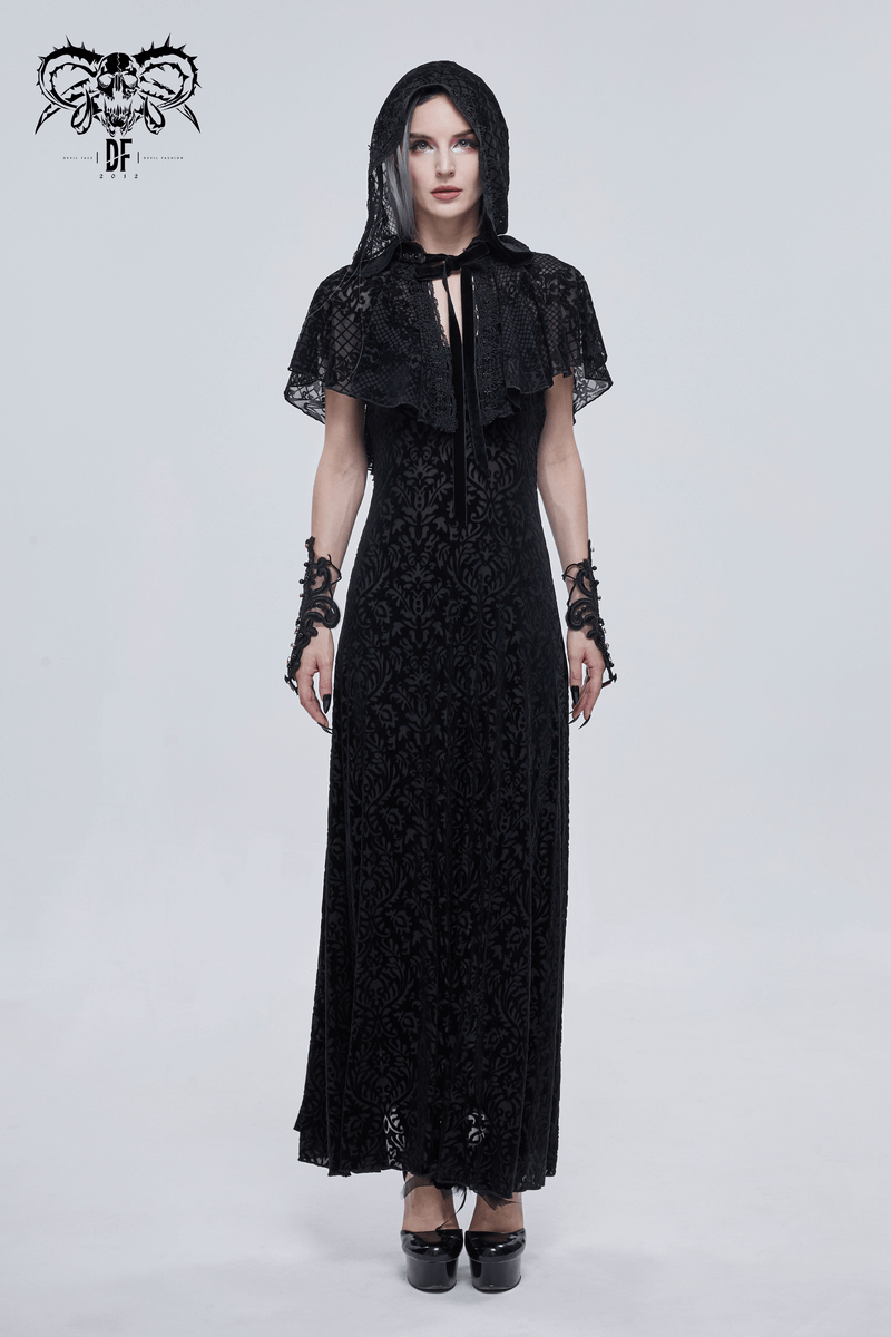 Gothic Short Hooded Cape with Velvet Tie / Women's Floral Mesh Cape