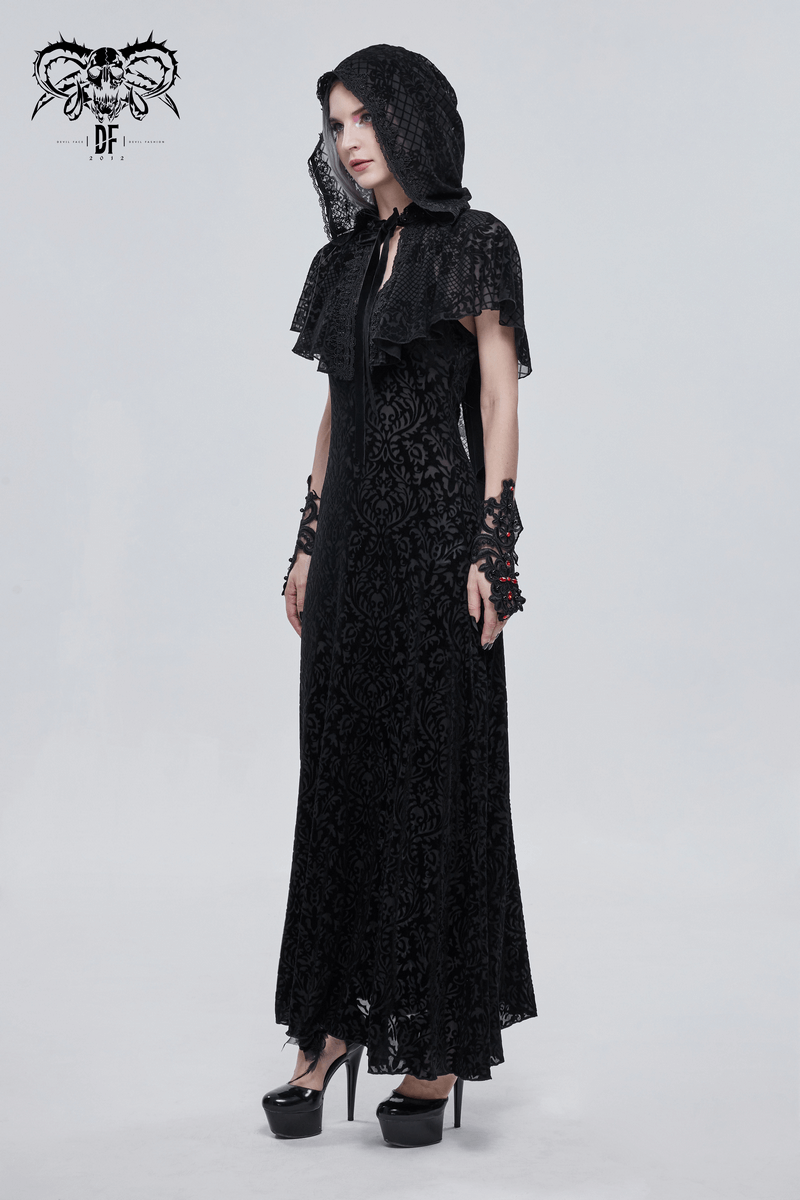 Gothic Short Hooded Cape with Velvet Tie / Women's Floral Mesh Cape