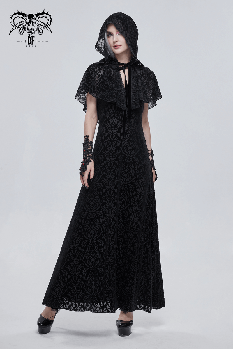 Gothic Short Hooded Cape with Velvet Tie / Women's Floral Mesh Cape