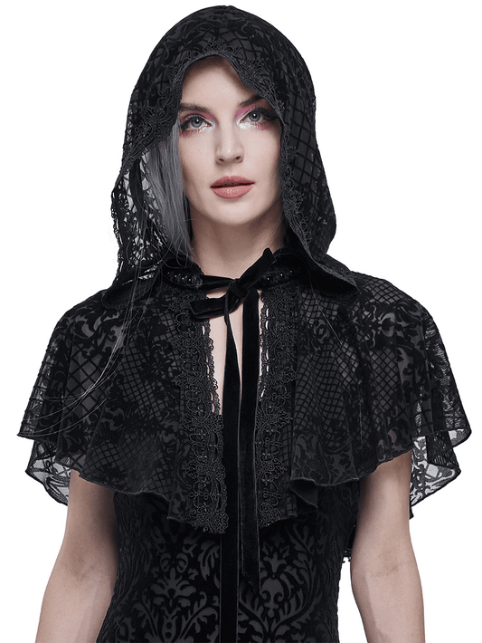 Gothic Short Hooded Cape with Velvet Tie / Women's Floral Mesh Cape