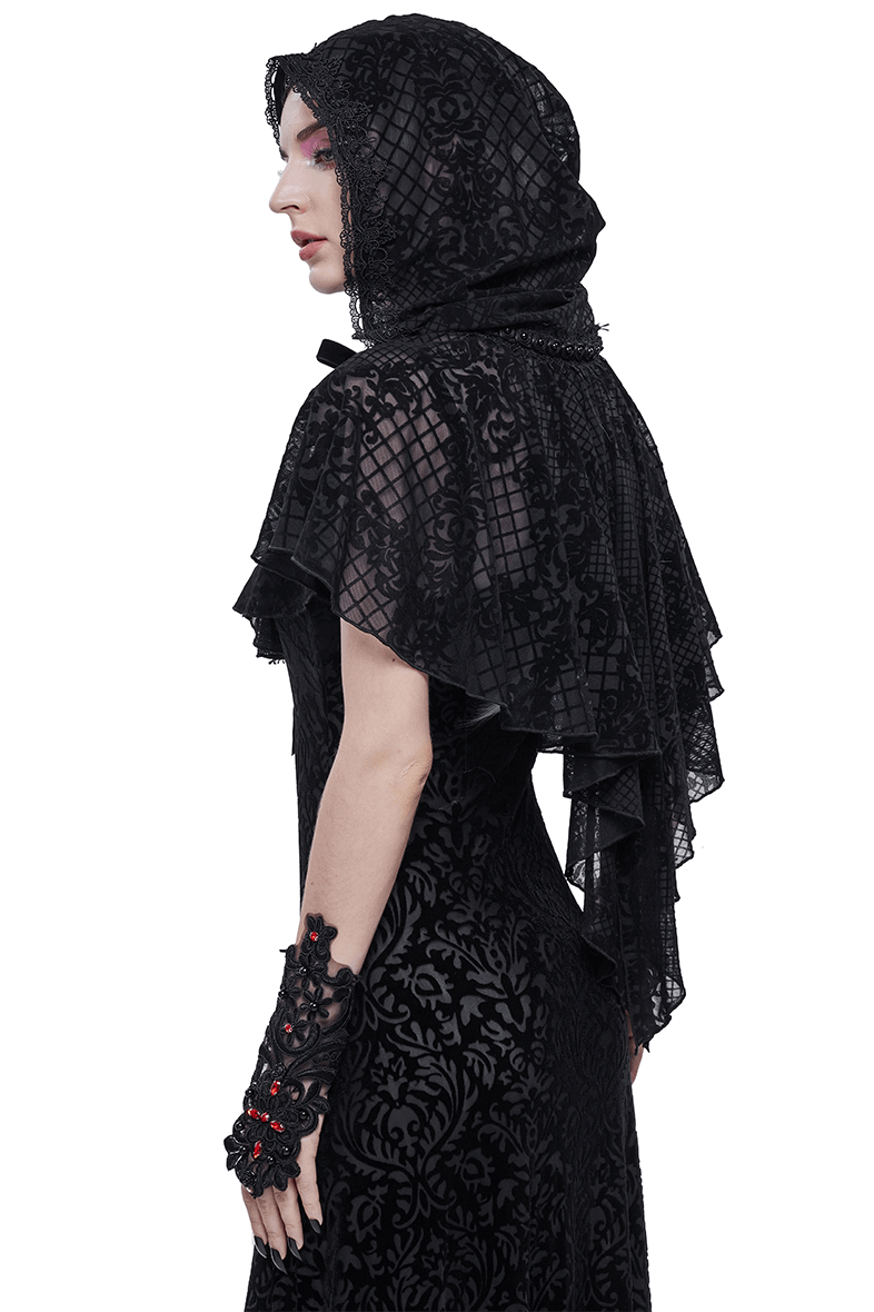 Gothic Short Hooded Cape with Velvet Tie / Women's Floral Mesh Cape