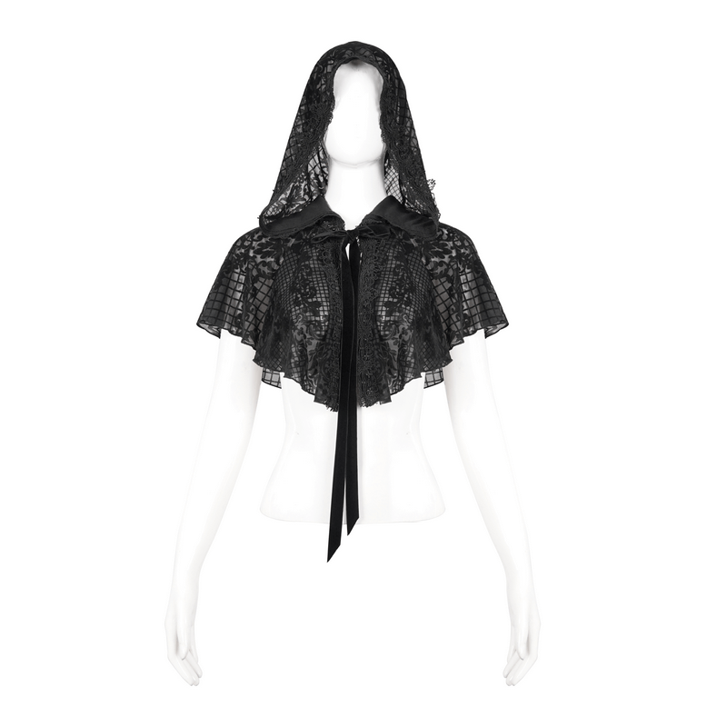 Gothic Short Hooded Cape with Velvet Tie / Women's Floral Mesh Cape