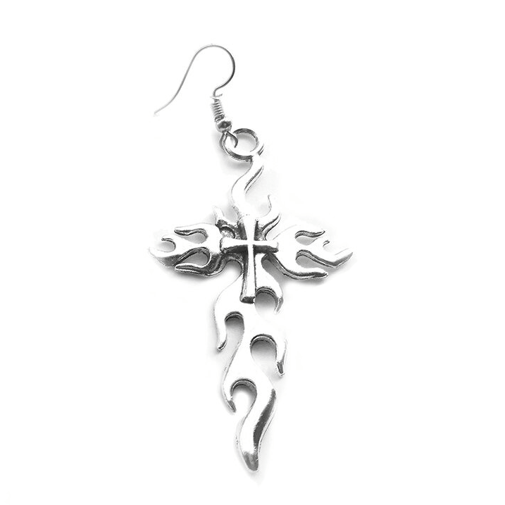 Gothic Silver Color Metal Flaming Cross / Grunge Fashion Long Earrings for Women