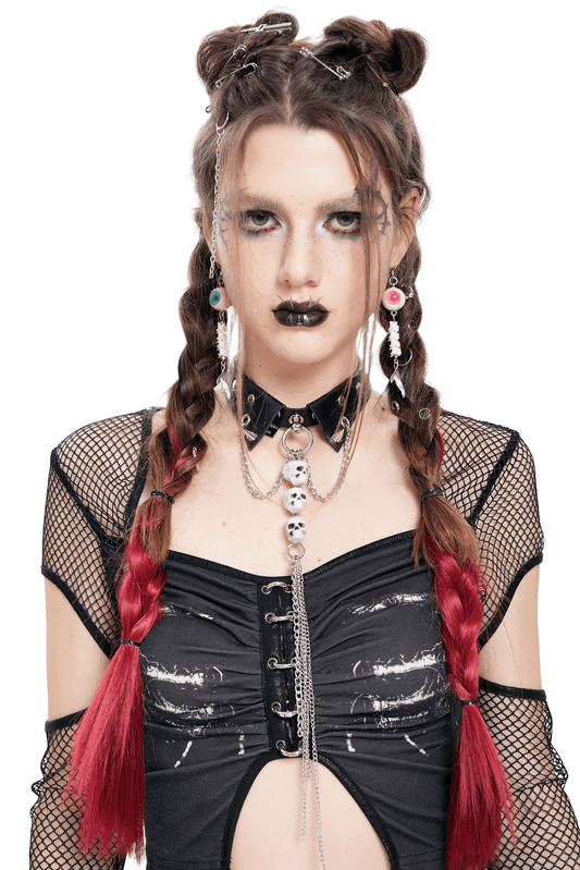 Gothic Skull Chain Choker with Faux Leather Collar