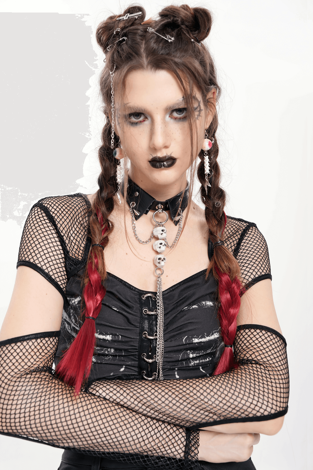Gothic Skull Chain Choker with Faux Leather Collar