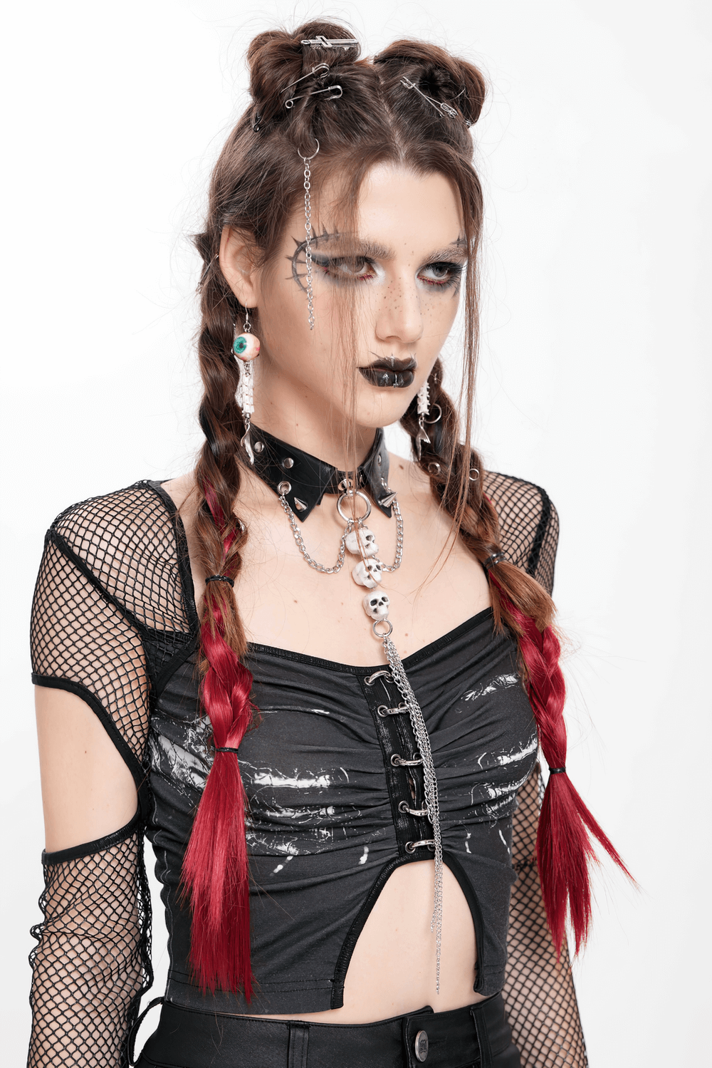 Gothic Skull Chain Choker with Faux Leather Collar