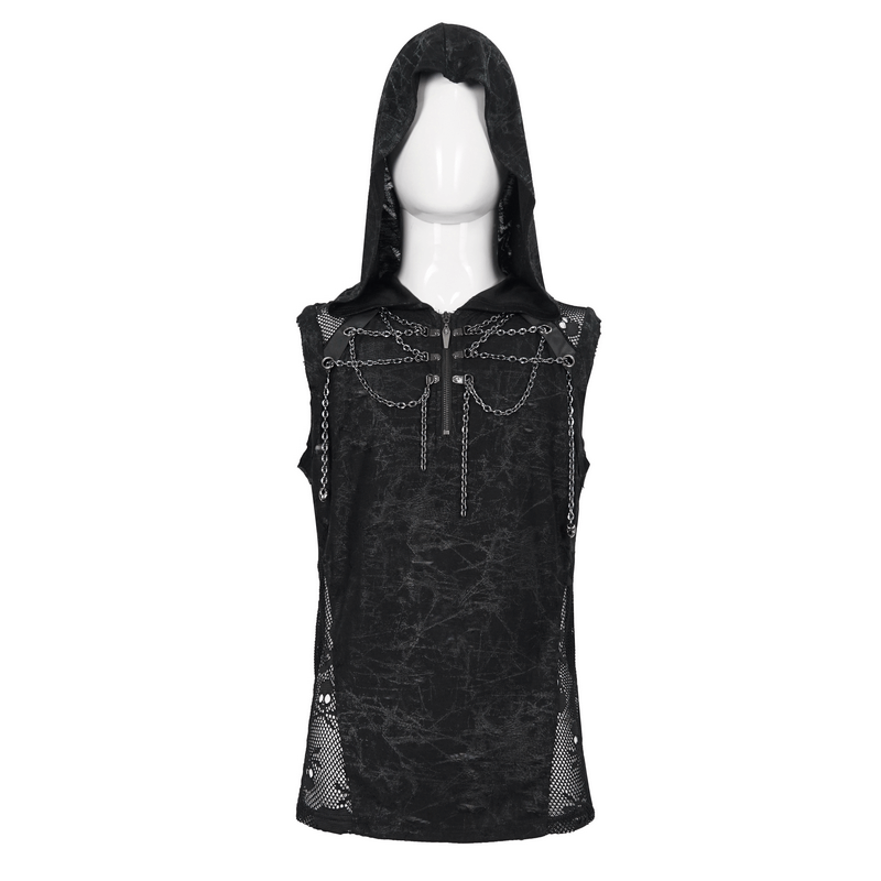 Gothic Skull Mesh Chain Tank Top with Hood / Male Punk Sleeveless T-Shirt for Men