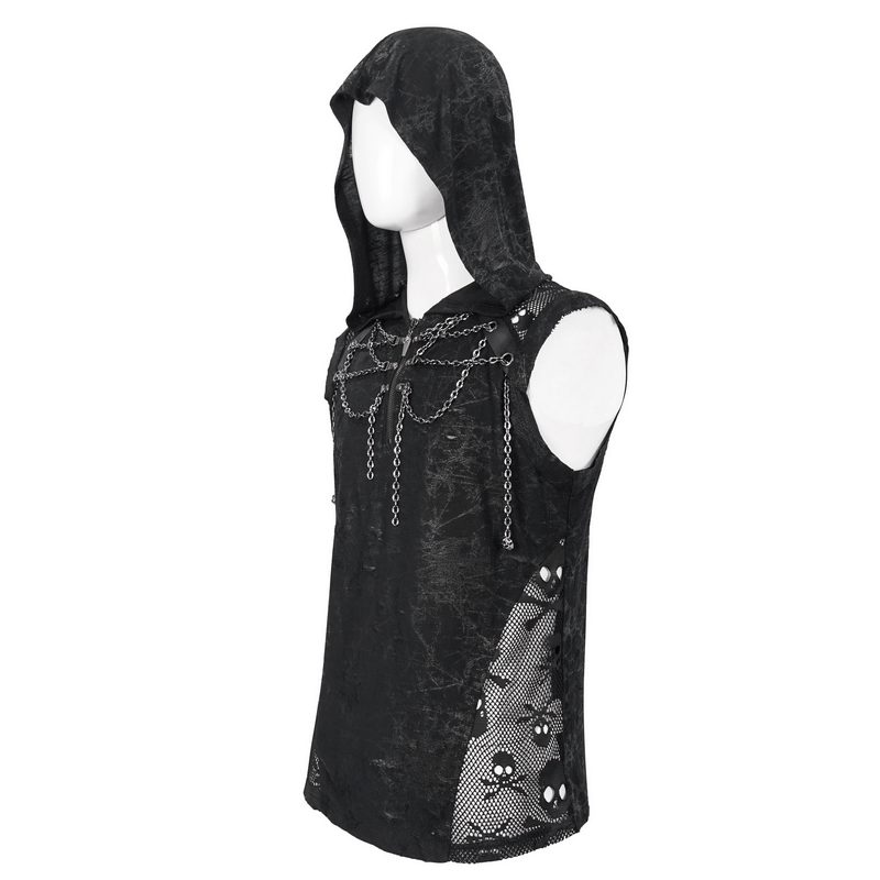 Gothic Skull Mesh Chain Tank Top with Hood / Male Punk Sleeveless T-Shirt for Men
