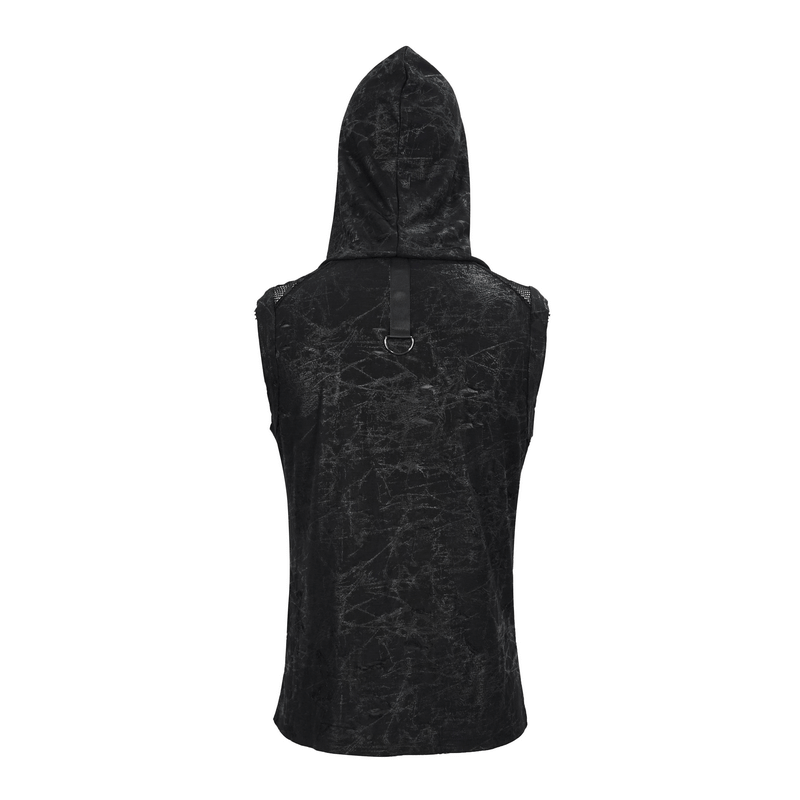 Gothic Skull Mesh Chain Tank Top with Hood / Male Punk Sleeveless T-Shirt for Men