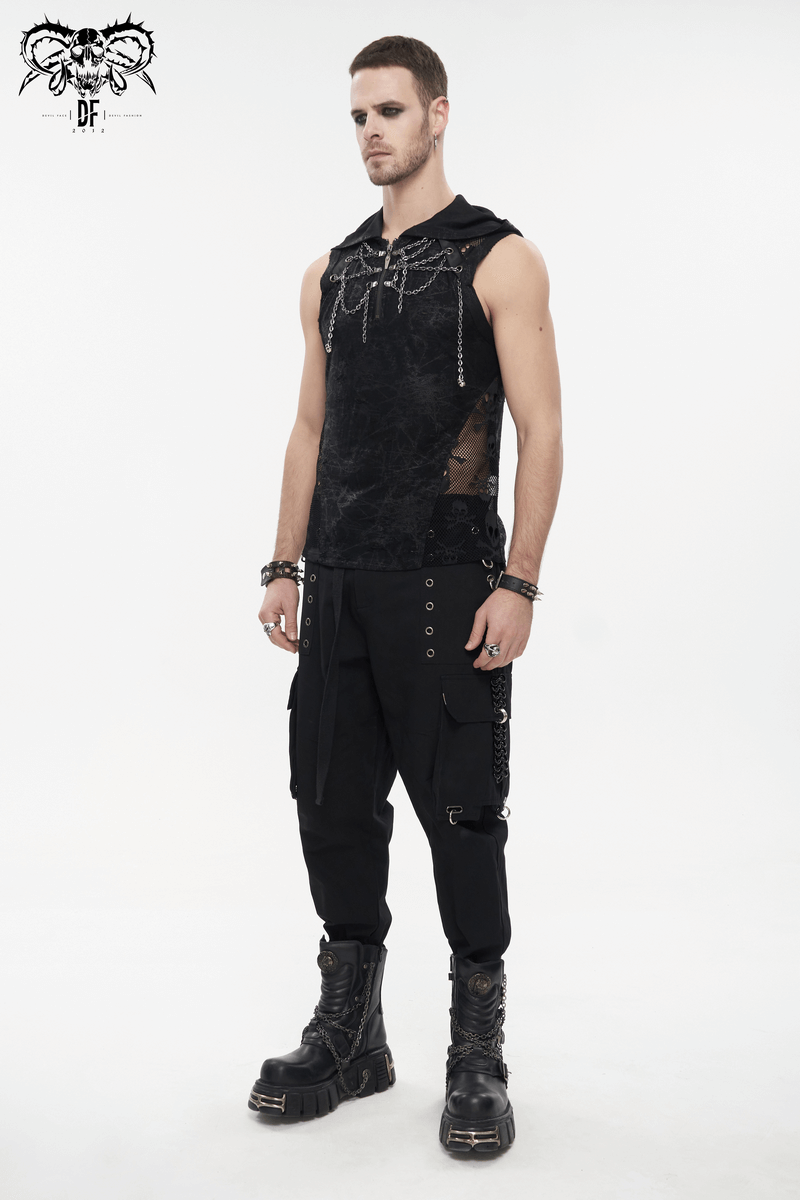 Gothic Skull Mesh Chain Tank Top with Hood / Male Punk Sleeveless T-Shirt for Men