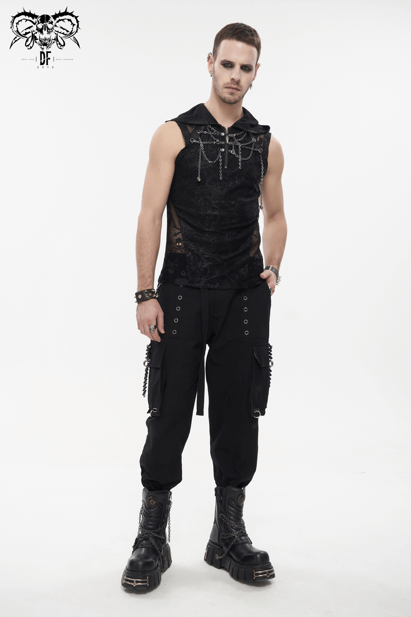 Gothic Skull Mesh Chain Tank Top with Hood / Male Punk Sleeveless T-Shirt for Men