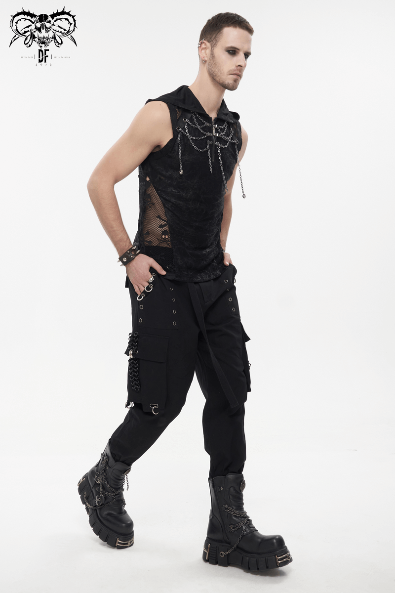 Gothic Skull Mesh Chain Tank Top with Hood / Male Punk Sleeveless T-Shirt for Men