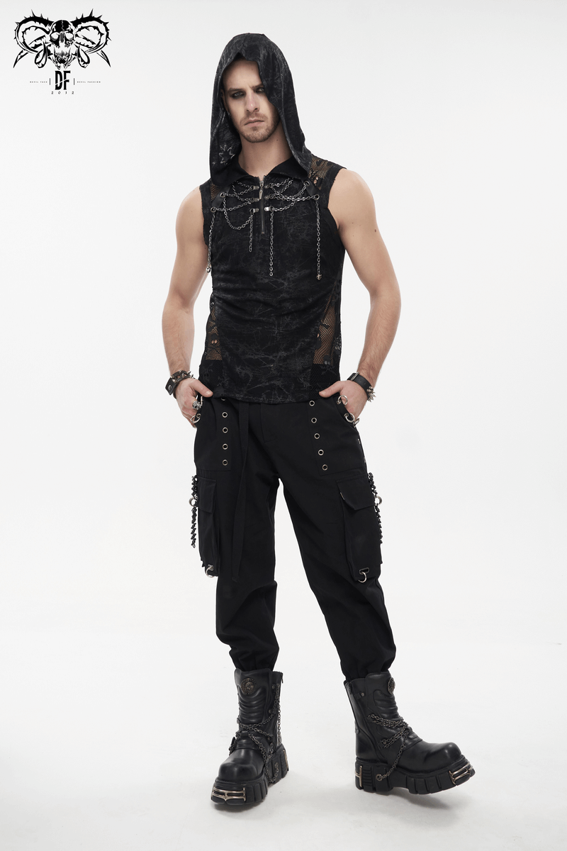 Gothic Skull Mesh Chain Tank Top with Hood / Male Punk Sleeveless T-Shirt for Men