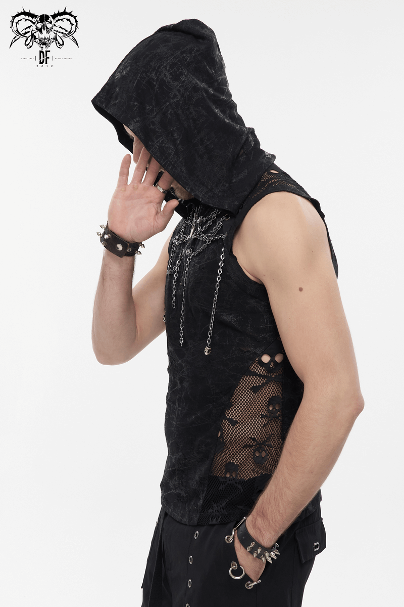 Gothic Skull Mesh Chain Tank Top with Hood / Male Punk Sleeveless T-Shirt for Men