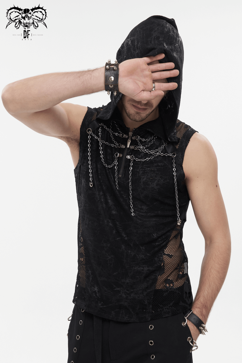 Gothic Skull Mesh Chain Tank Top with Hood / Male Punk Sleeveless T-Shirt for Men