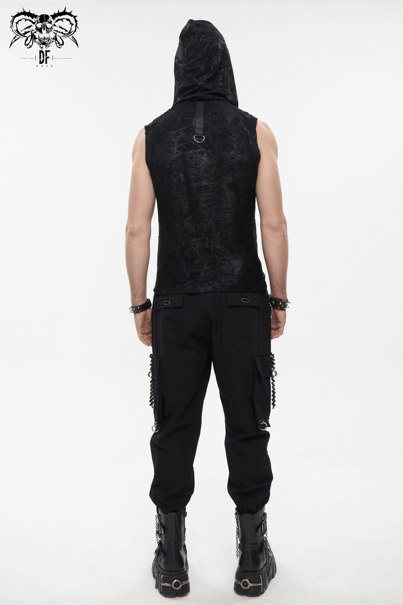 Gothic Skull Mesh Chain Tank Top with Hood / Male Punk Sleeveless T-Shirt for Men