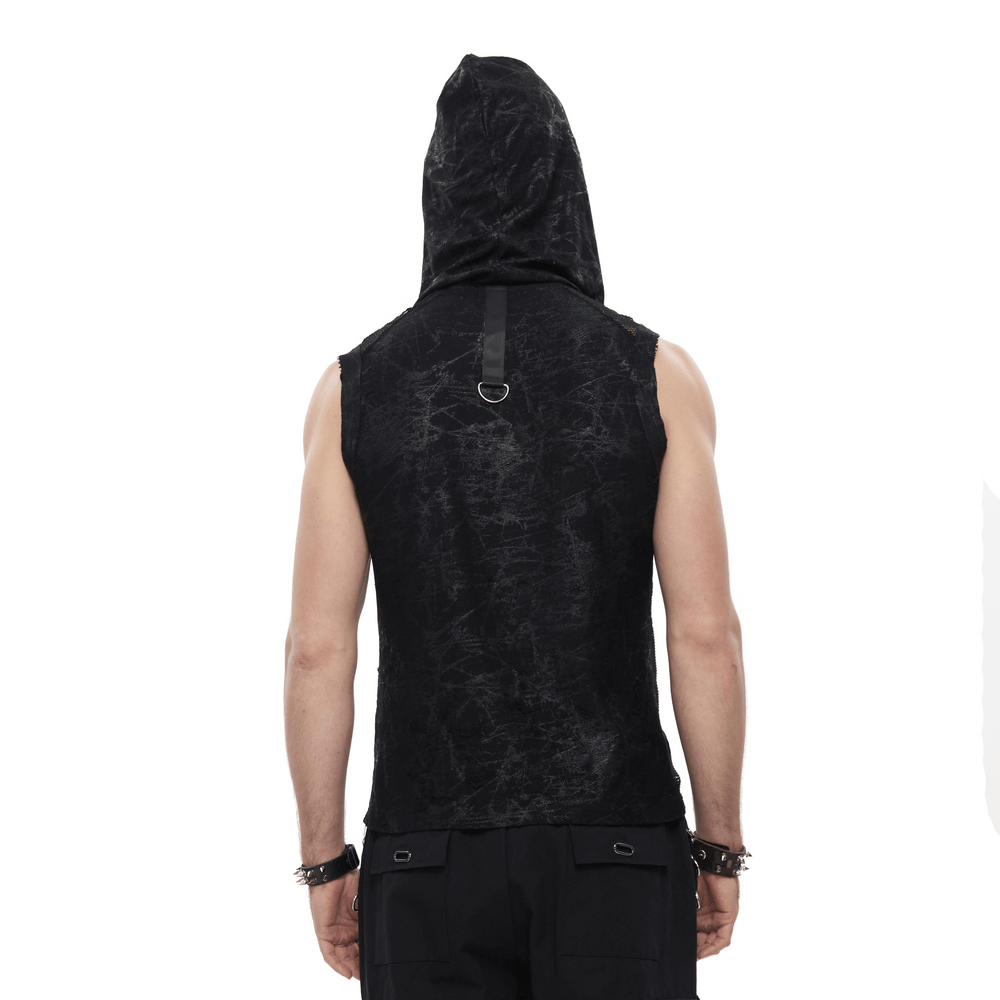 Gothic Skull Mesh Chain Tank Top with Hood / Male Punk Sleeveless T-Shirt for Men