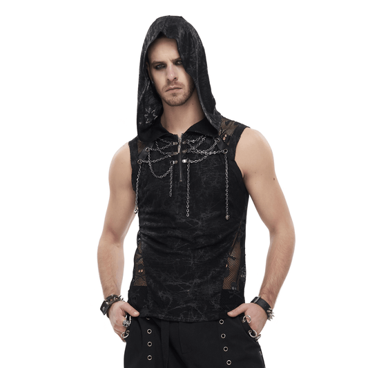 Gothic Skull Mesh Chain Tank Top with Hood / Male Punk Sleeveless T-Shirt for Men
