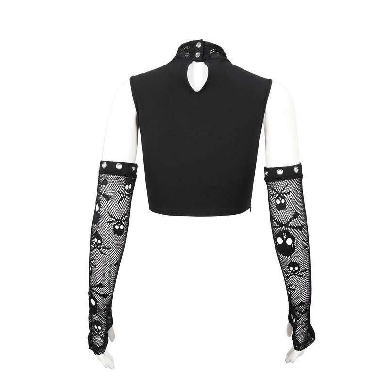 Gothic Skull Printed Mesh Crop Top / Women's Top with Detachable Sleeves