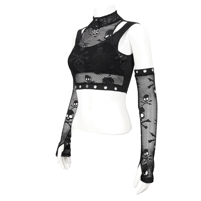 Gothic Skull Printed Mesh Crop Top / Women's Top with Detachable Sleeves