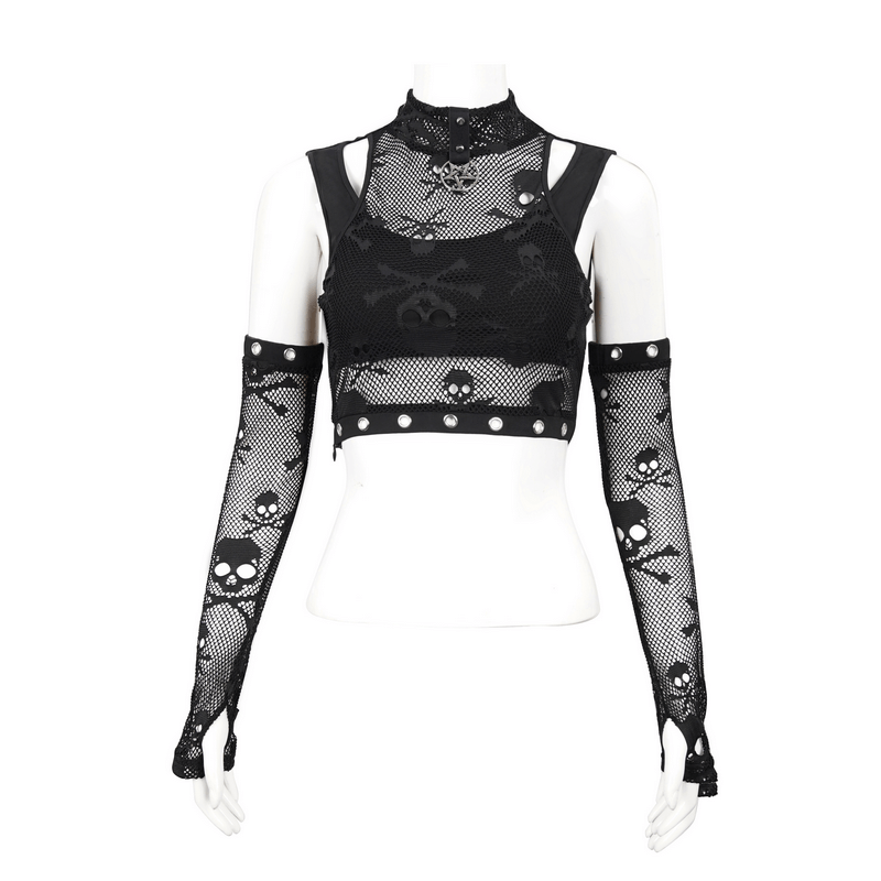 Gothic Skull Printed Mesh Crop Top / Women's Top with Detachable Sleeves