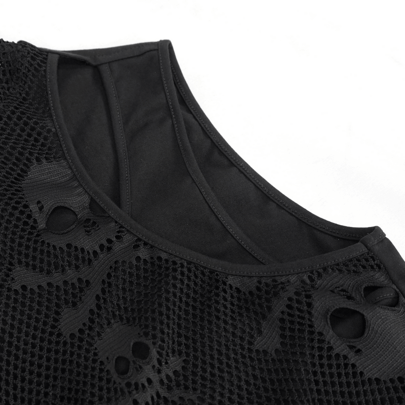 Gothic Skull Printed Mesh Crop Top / Women's Top with Detachable Sleeves