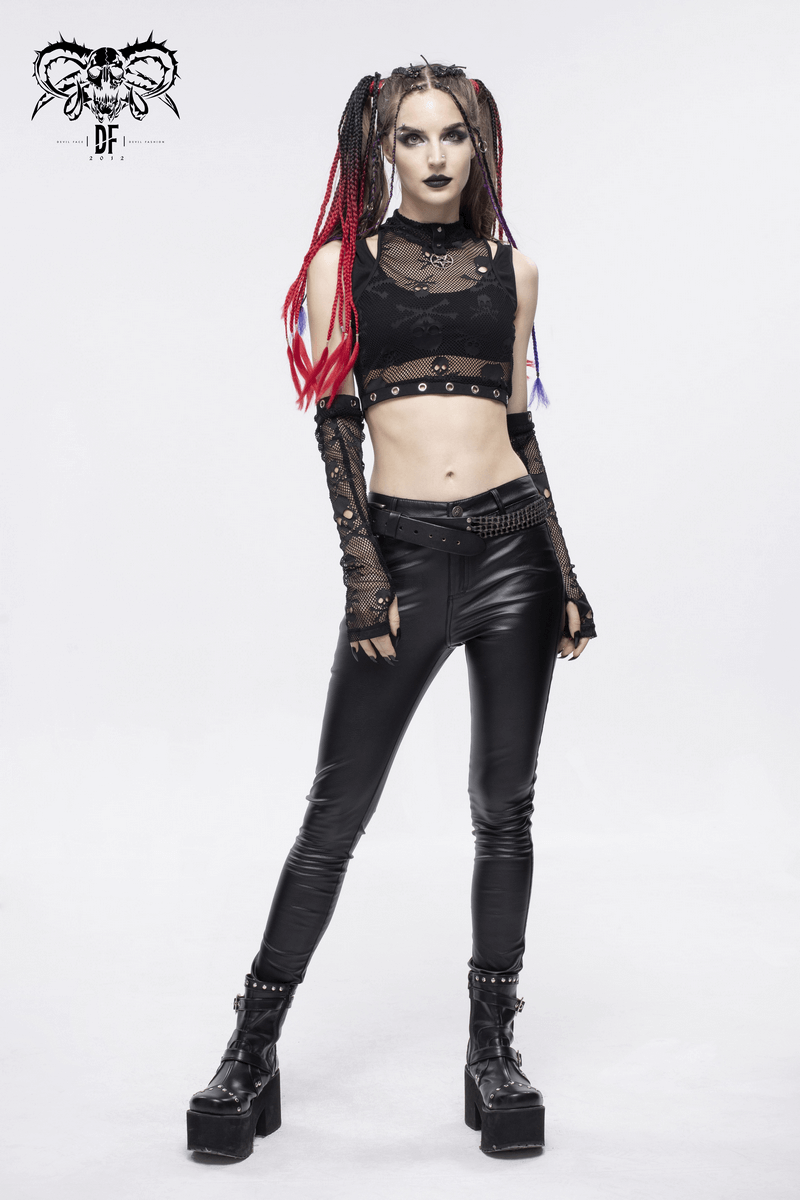 Gothic Skull Printed Mesh Crop Top / Women's Top with Detachable Sleeves