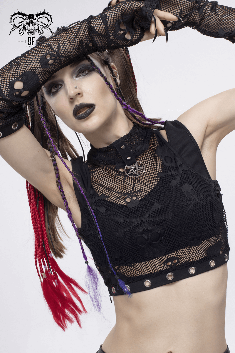 Gothic Skull Printed Mesh Crop Top / Women's Top with Detachable Sleeves