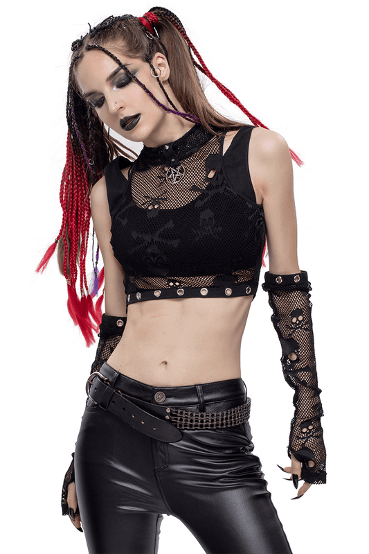 Gothic Skull Printed Mesh Crop Top / Women's Top with Detachable Sleeves