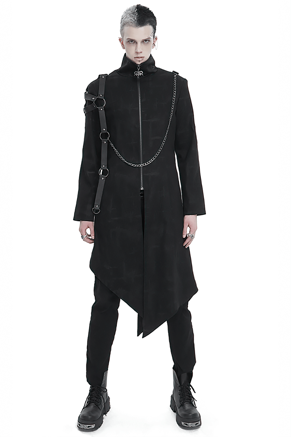 Gothic Skull Zipper Asymmetric Coat with Harness / Stand Collar Men's Coats